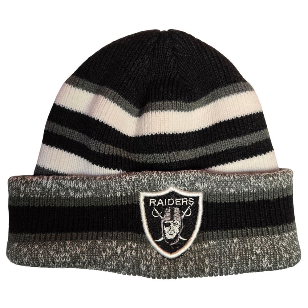Las Vegas Raiders NFL Striped Men's Knit Beanie Hat Black‎ White Gray Cuffed